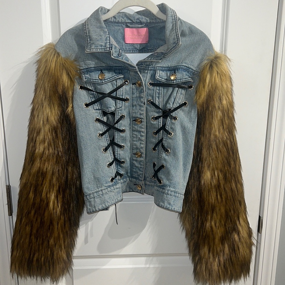 Denim Jacket with Brown Faux Fur Sleeves NWOT - Picture 4 of 9